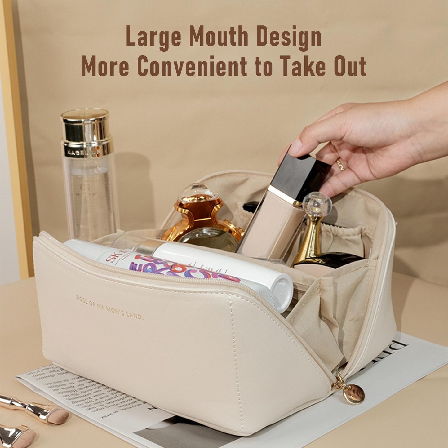 Portable Makeup Bag Opens Flat, Large-Capacity Travel Cosmetic Bag