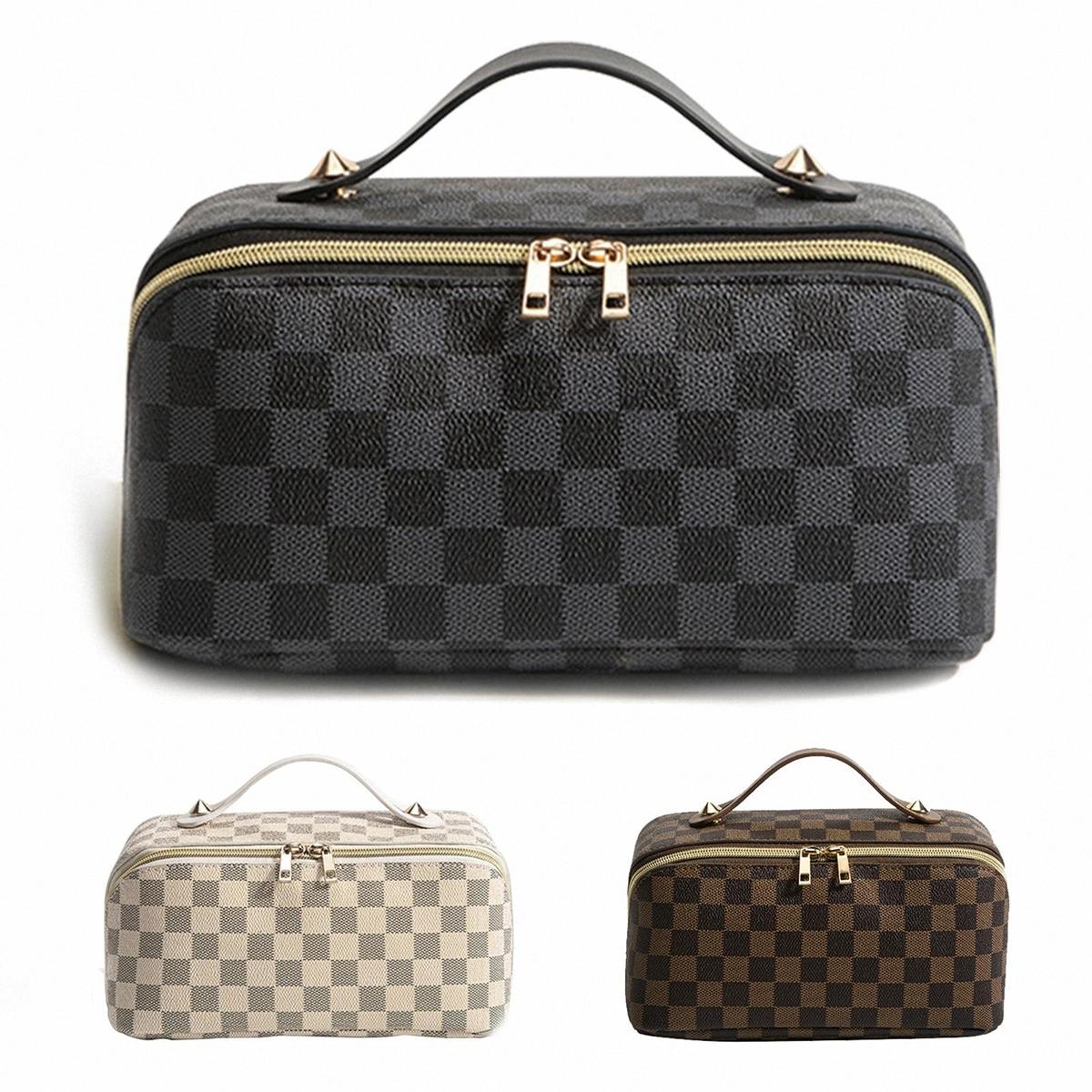 Large Capacity Women Plaid Makeup Bag, PU Leather, Waterproof