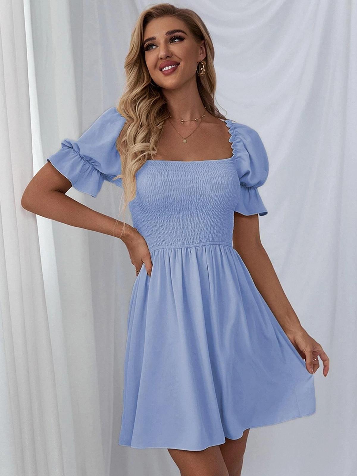 Women's Short Puff Sleeve A-Line Casual Solid Color Jumpsuit