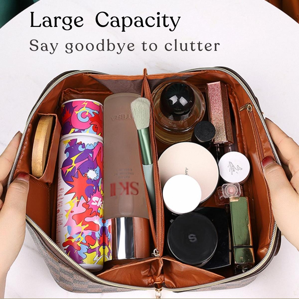 Large Capacity Women Plaid Makeup Bag, PU Leather, Waterproof