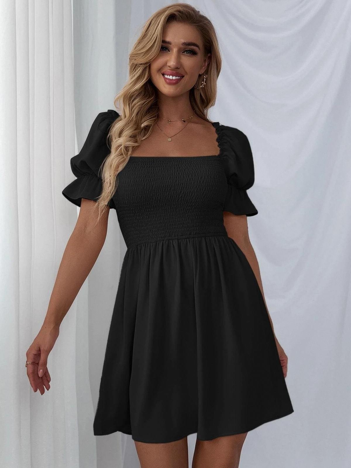 Women's Short Puff Sleeve A-Line Casual Solid Color Jumpsuit
