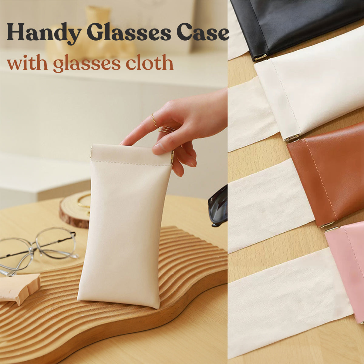 Portable Small Makeup Bag No Zipper Self-Closing, Leather Sunglasses Bag