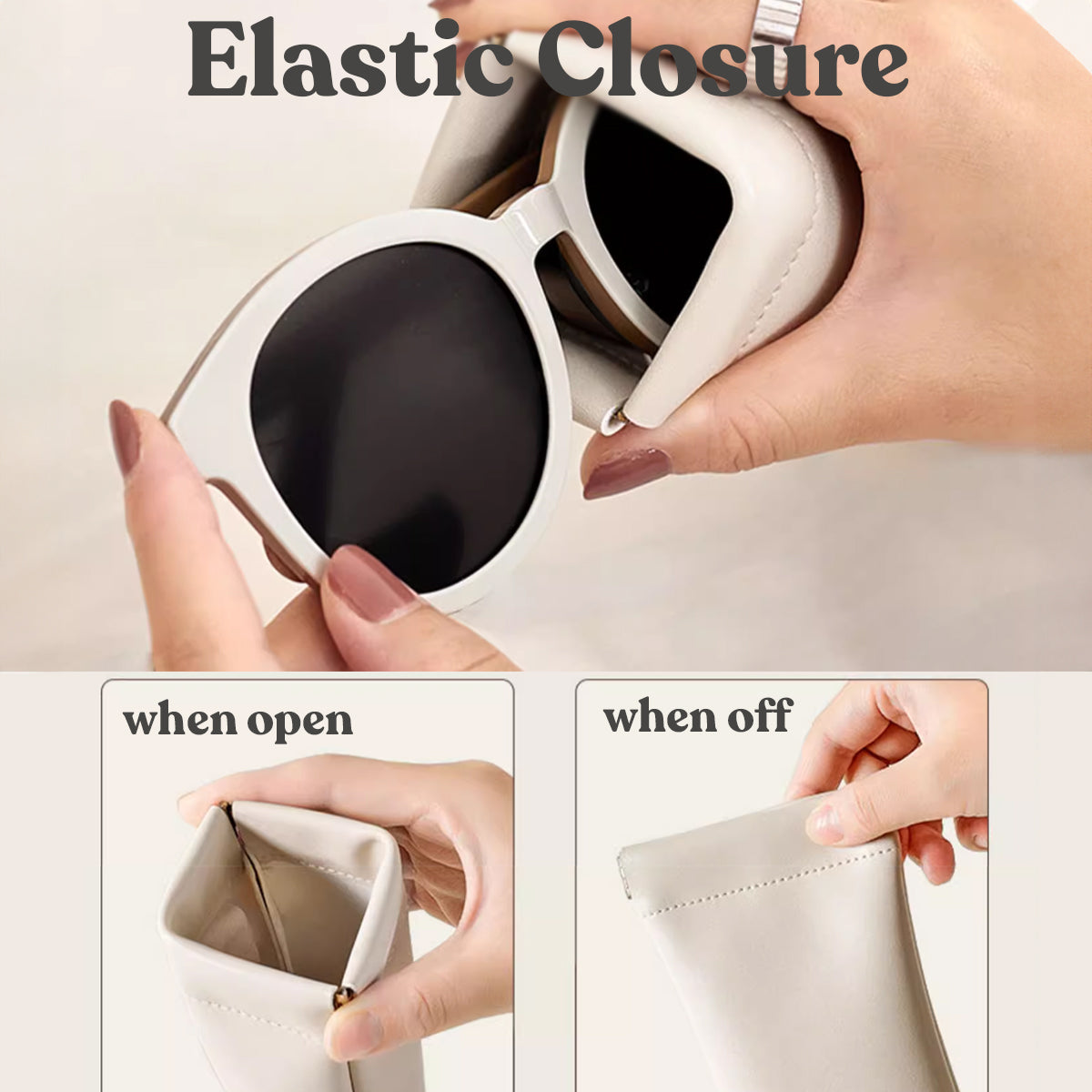 Portable Small Makeup Bag No Zipper Self-Closing, Leather Sunglasses Bag