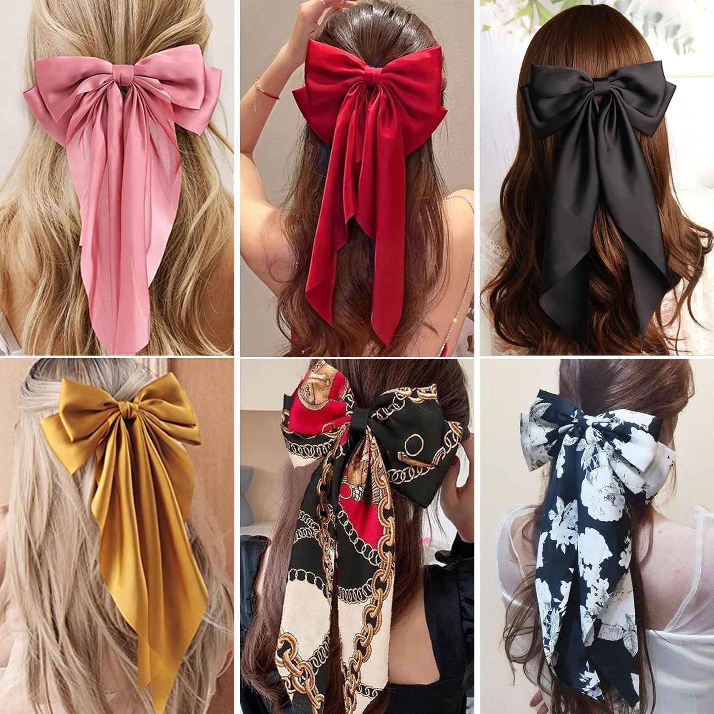 6pcs Satin Hair Bows for Women, Big Ribbon Bowknot Hairpins for Girls