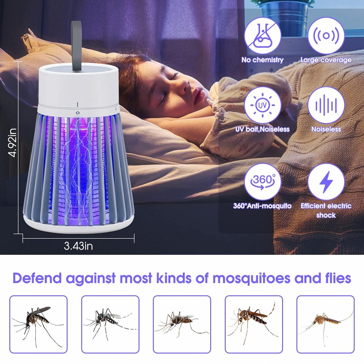 Rechargeable Mosquito Killer Indoor Electric Fly Trap with Light